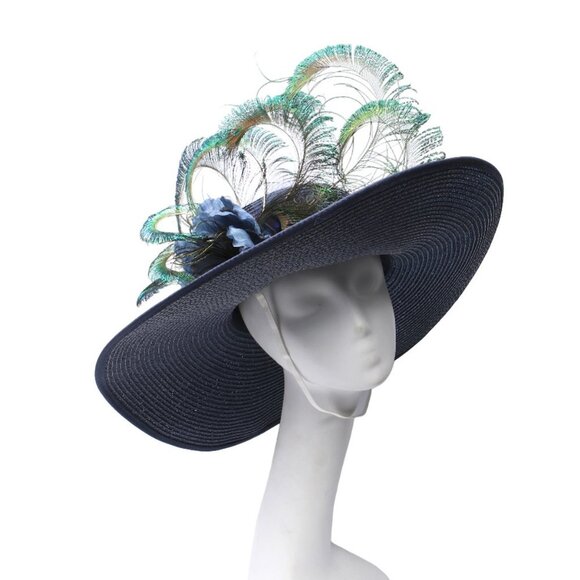 Large Brim Hat Peacock Feathers Floral Queens Plate Horse Race Summer Parties - Picture 4 of 12